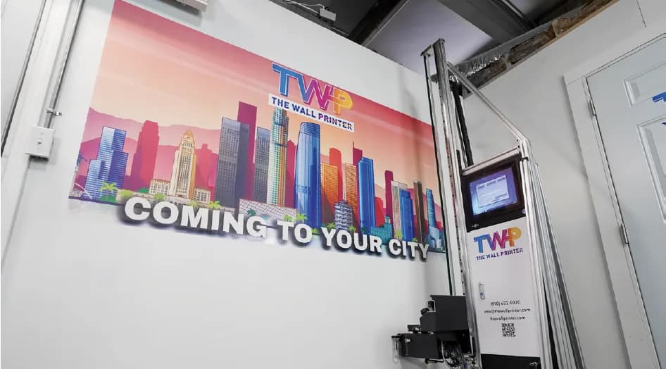 City skyline mural printed on a showroom wall
